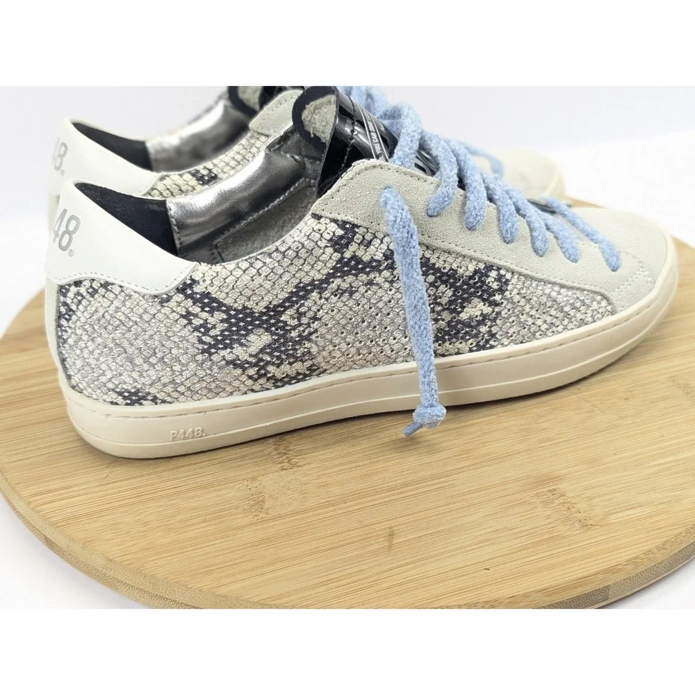 P448 Shoes Womans 7 Python Print Metallic Leather Sneakers Blue Laces